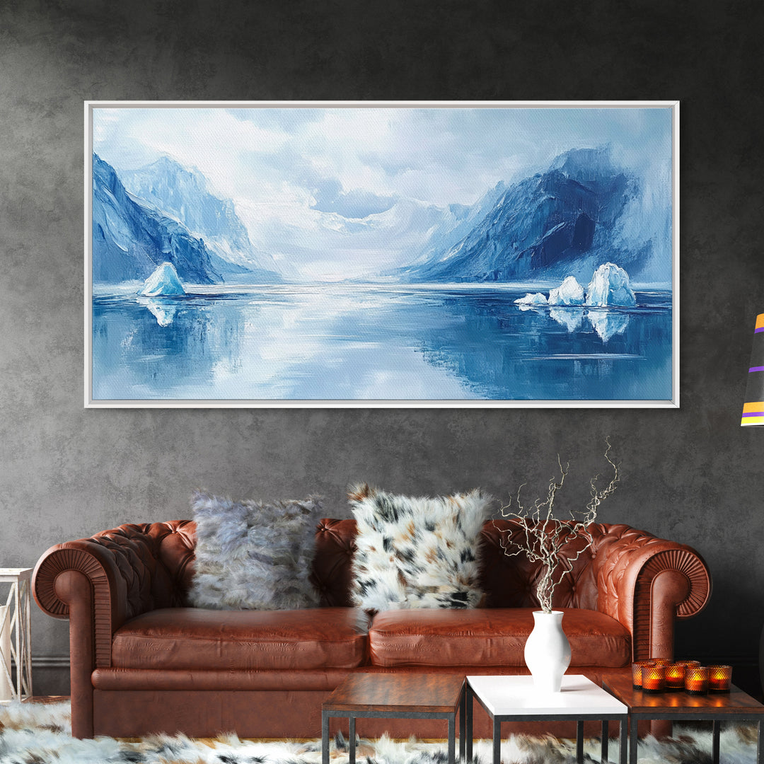 Arctic Reflections, Canvas Print, landscape painting, nautical painting, blue and green wall art, extra wide art, minimalist art
