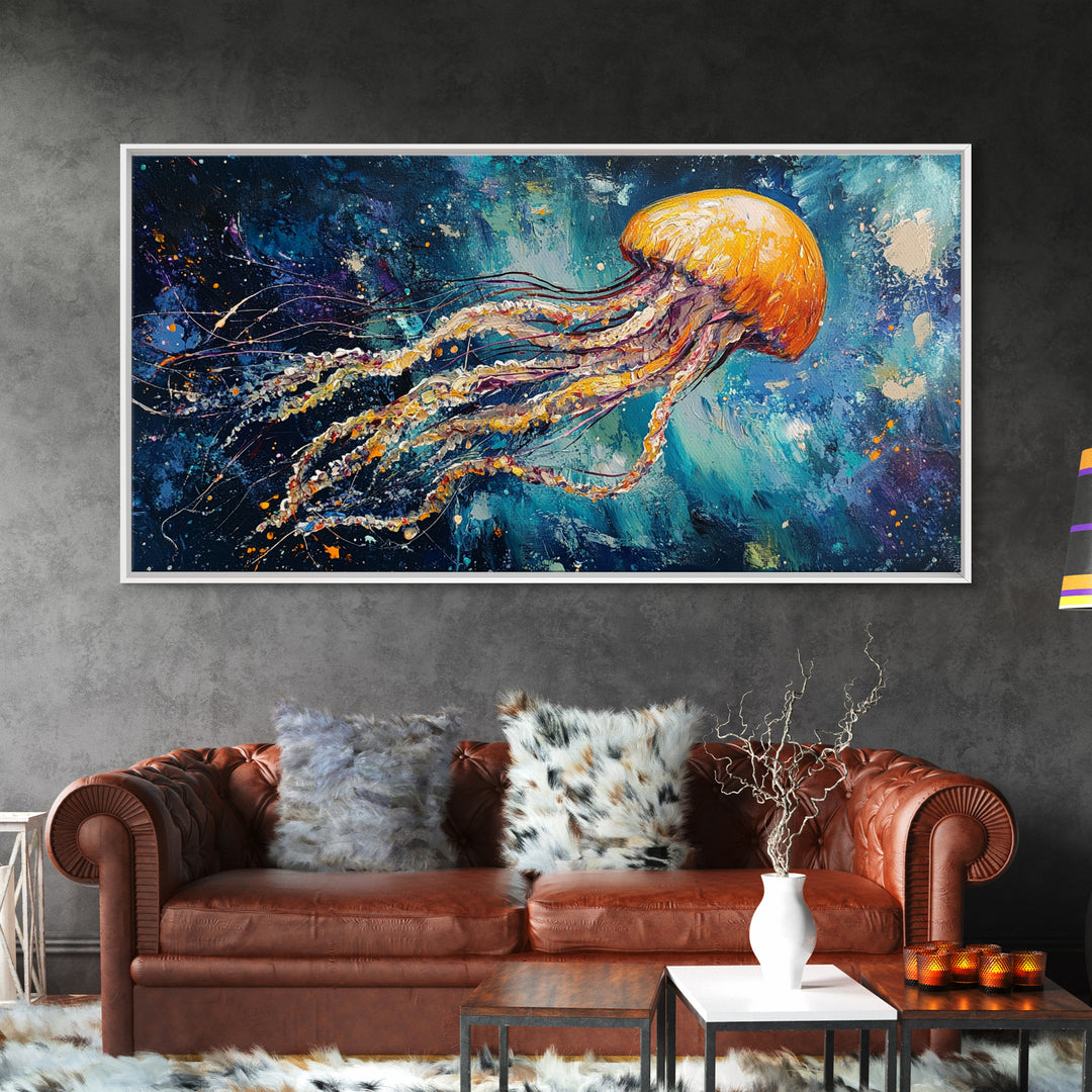 Cosmic Jellyfish, Canvas Print, ocean art, octopus art, dolphin painting, extra wide art, dark romance painting, coastal wall art