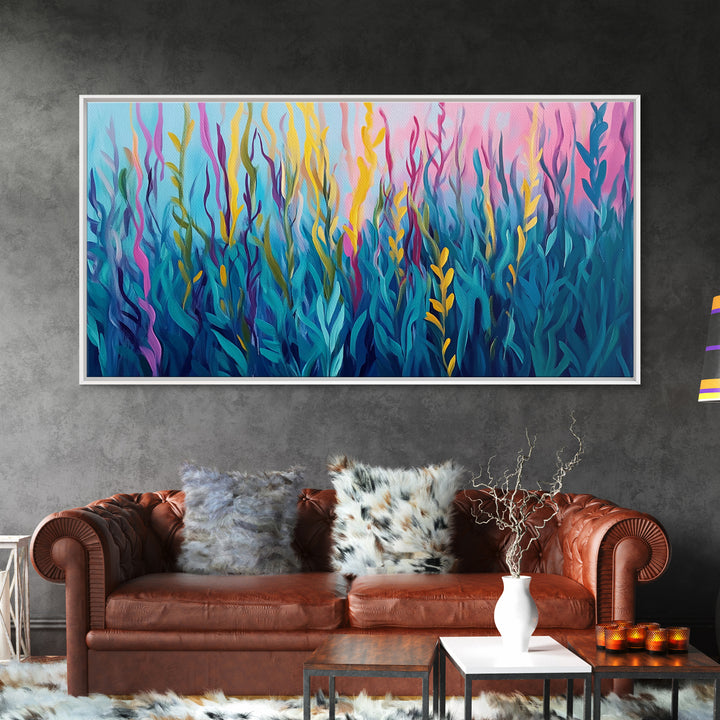 Abstract Seaweed, Framed Canvas Print, ocean art, botanical prints, teal wall art, pink abstract art, extra wide art, coastal decor