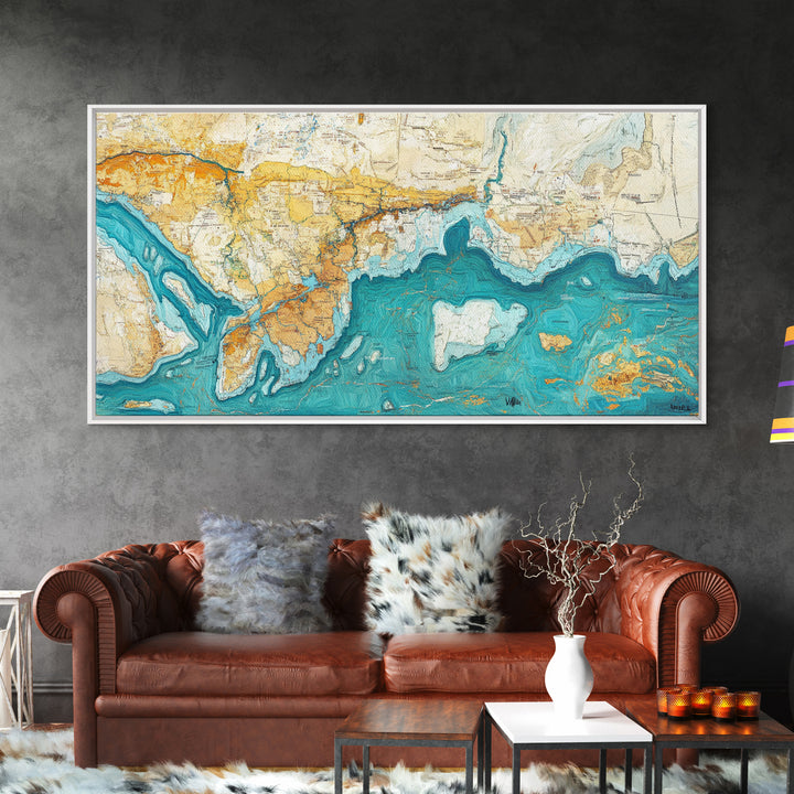 Abstract Map Art, Coastal Decor, Nautical Painting, Extra Wide Art, Framed Canvas Print, Blue and Green Wall Art