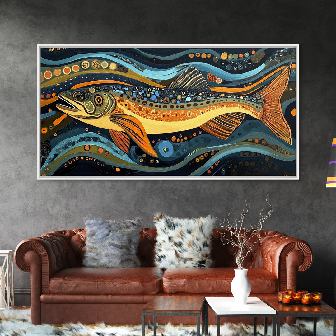 Abstract Trout Art, Fly Fishing Art, Rustic Wall Art, Whimsical Art, Framed Canvas Print, Tall Narrow Art, Living Room Art