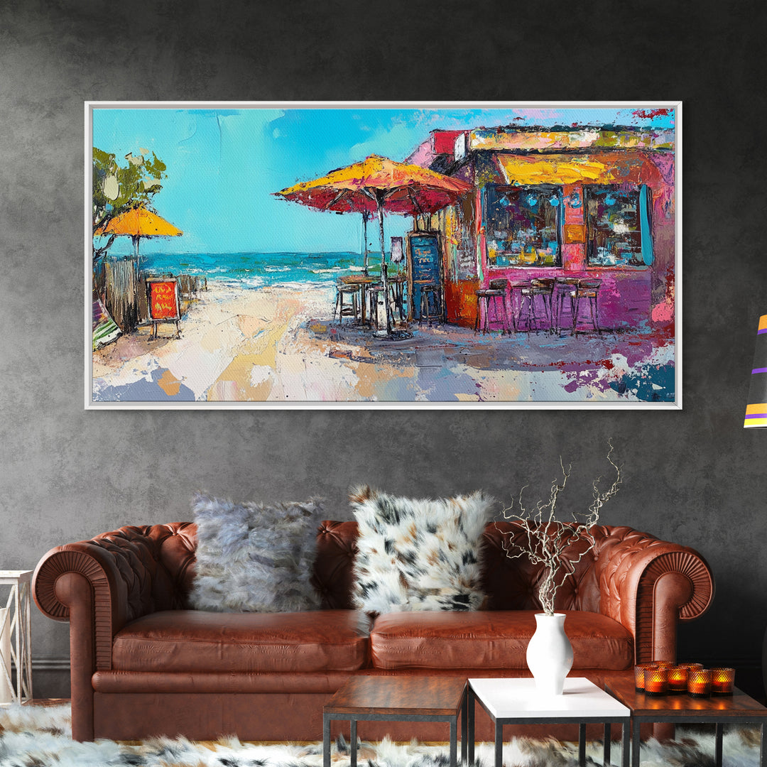 Beach Bar, Coastal Landscape Art, Tropical Art, Nautical Wall Art, Ocean Painting, Extra Wide Art, Framed Canvas Print, Rustic Wall Art