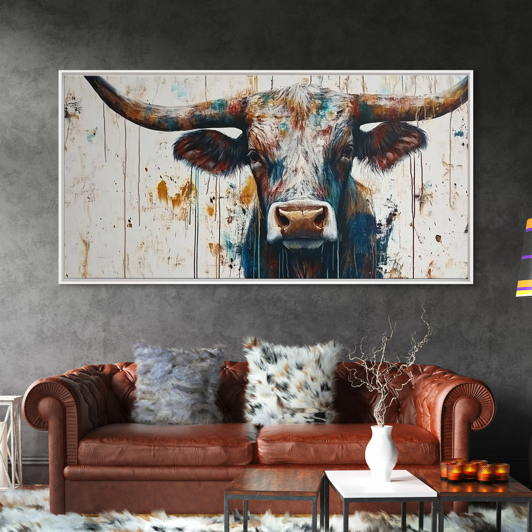 Bull Portrait, rustic decor, farmhouse art, bull and bear art, southwestern wall art, moody art, canvas print, extra wide art