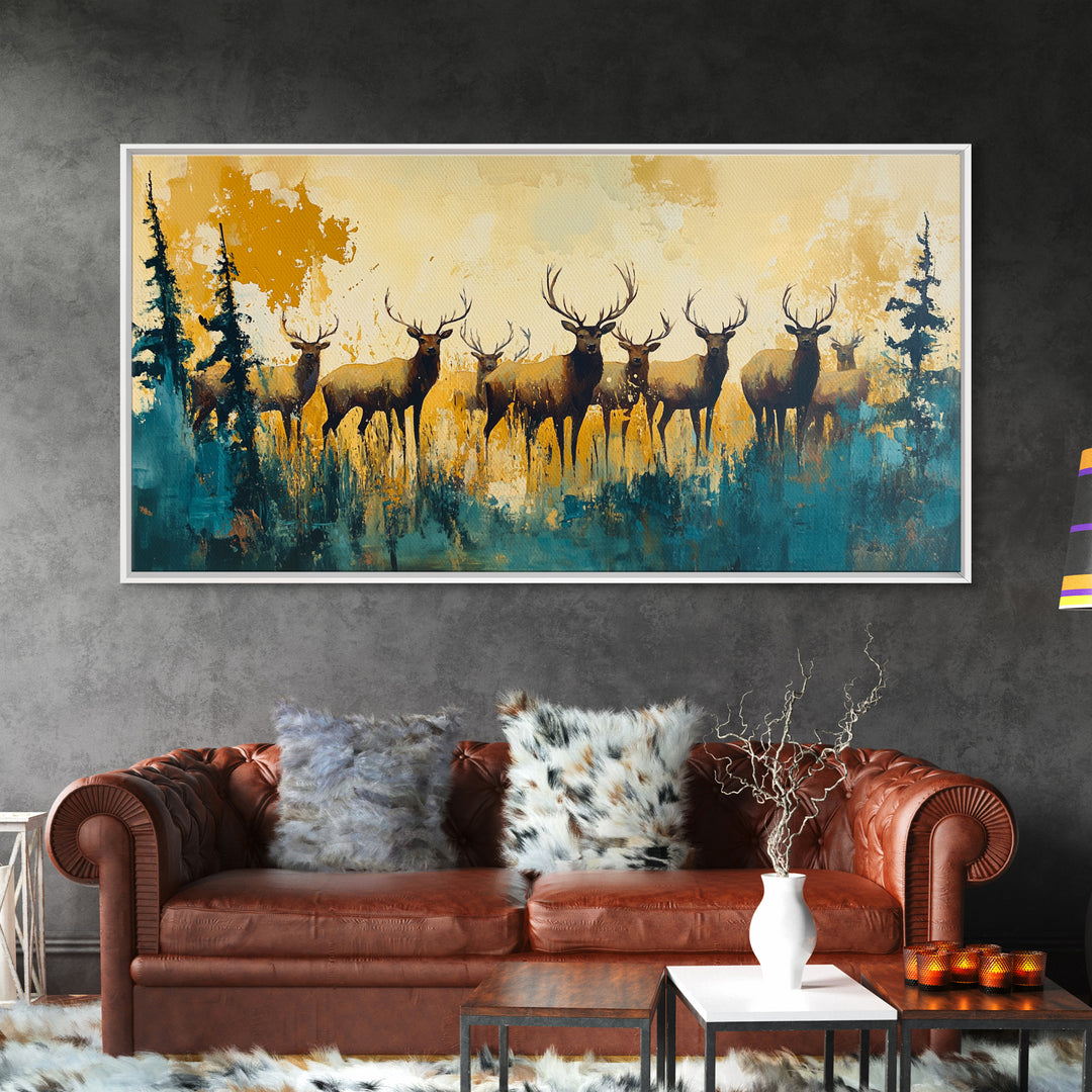 Deer Herd Painting, rustic wall art, farmhouse art, wildlife painting, nature painting, framed canvas print, woodland decor