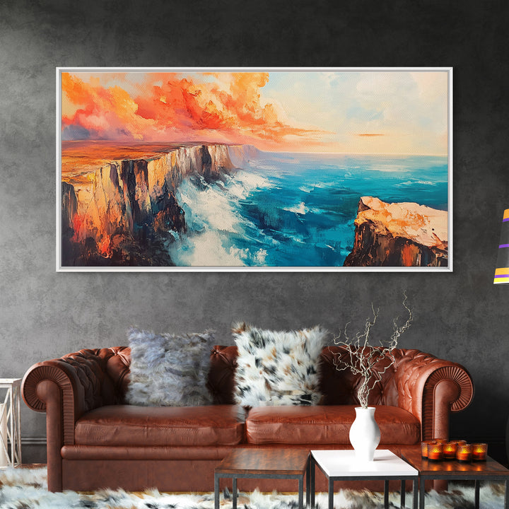 Coastal Cliffs Painting, landscape painting, seascape painting, blue and green wall art, framed canvas print, nautical wall art
