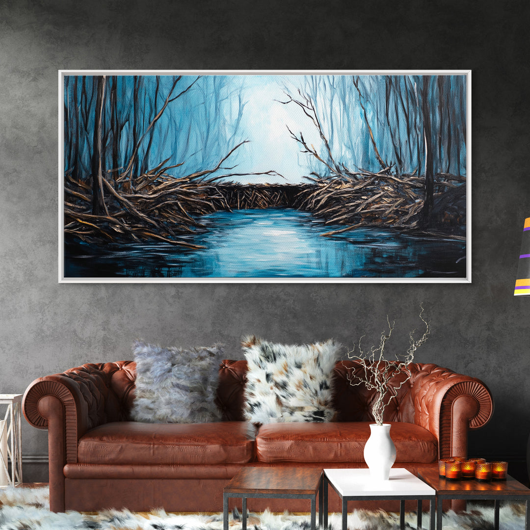 Beavers, river, landscape painting, extra wide art, panoramic painting, moody art, framed canvas print, rustic wall art, bedroom art