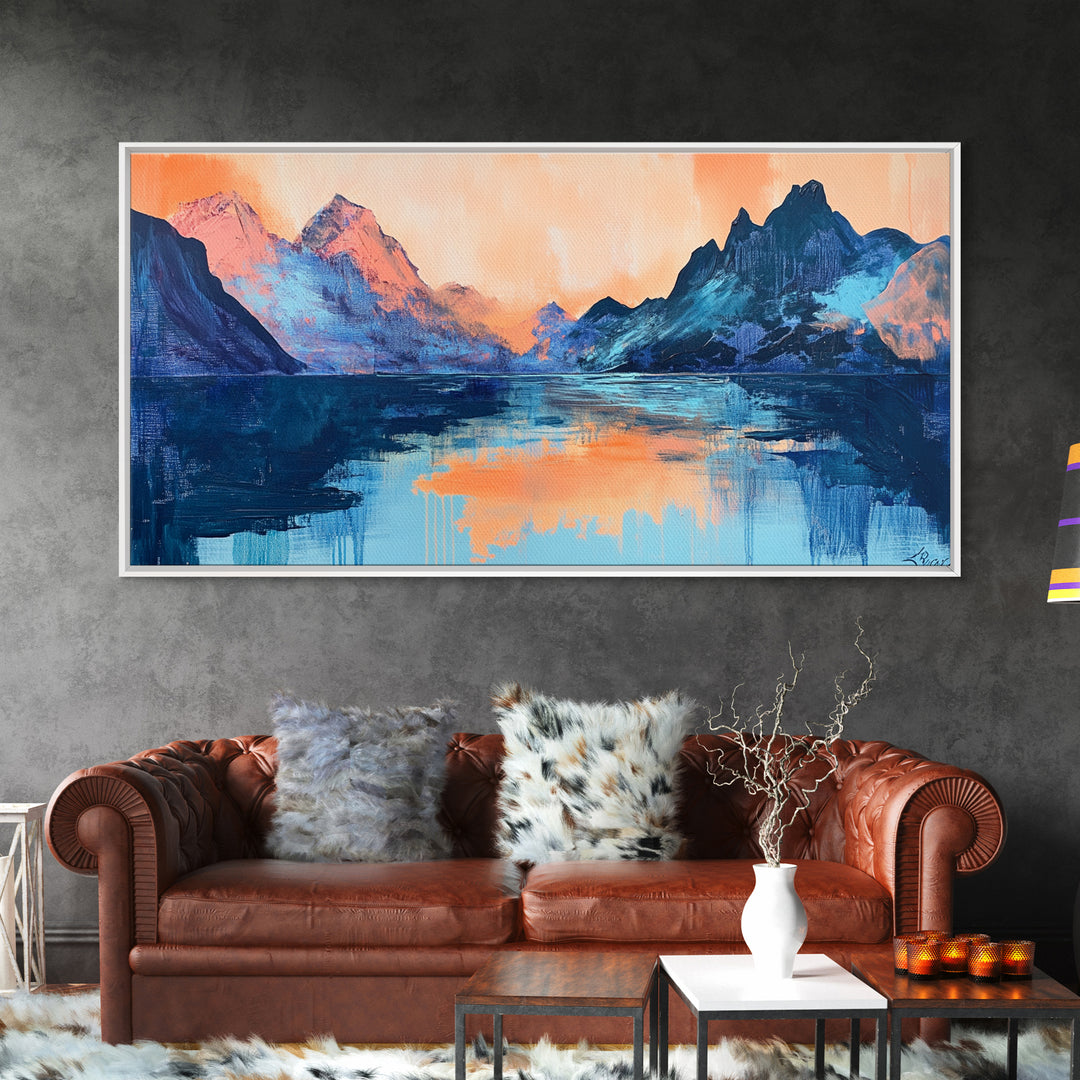 Twilight Peaks, pink orange wall art, framed canvas print, panoramic painting, above sofa art, extra wide art, landscape painting