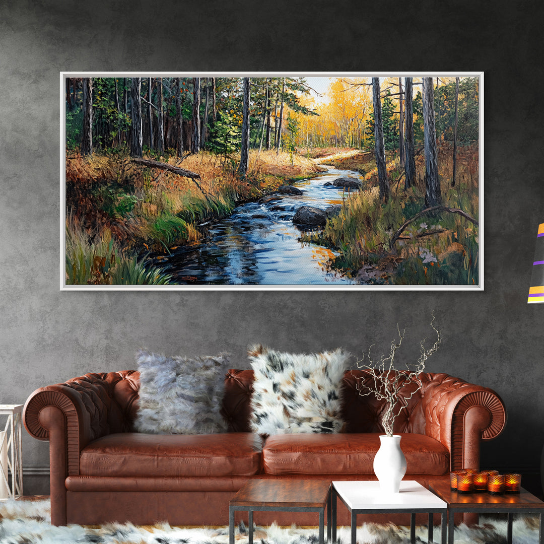 Autumn Forest, Creek Painting, Panoramic Art, Framed Canvas Print, Pine Tree Art, Rustic Wall Art, Extra Wide Art, Fall Landscape Painting