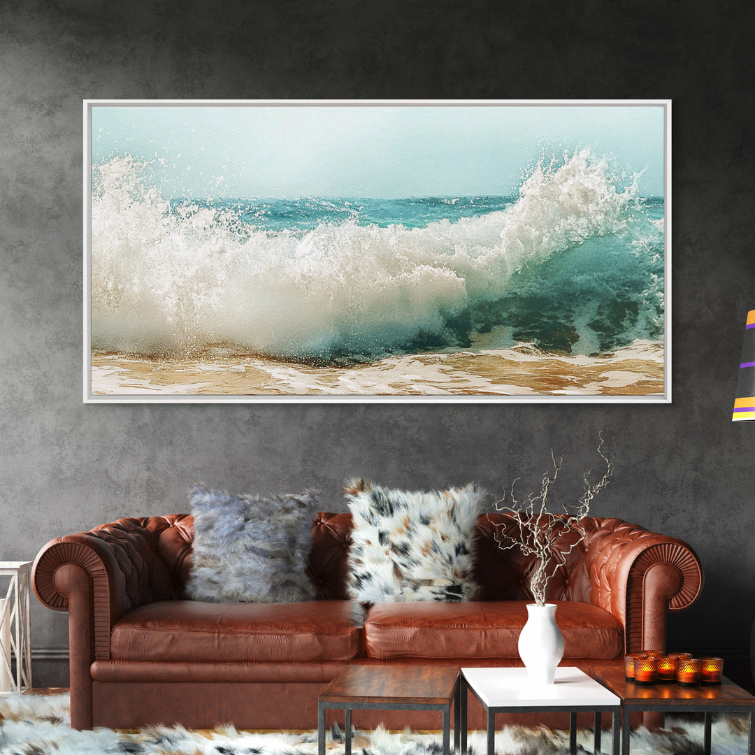 Ocean Wave, Beach Splash, Panoramic Art, Framed Canvas Print, Surf Wall Art, Nautical Decor, Coastal Wall Art, Extra Wide Art
