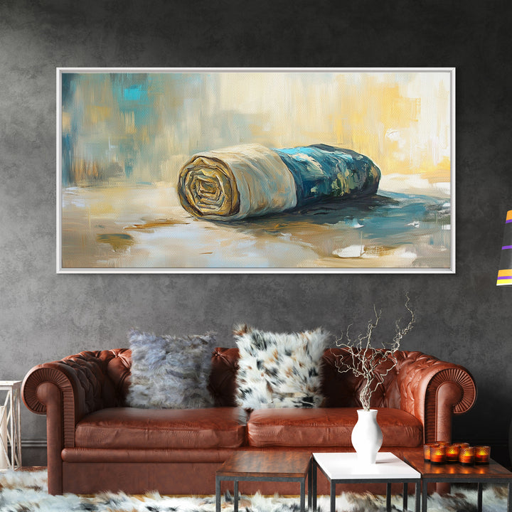 Rolled fabric, oil painting from photo, rustic decor, farmhouse art, wabi sabi art, framed canvas print, horizontal wall art, gift idea