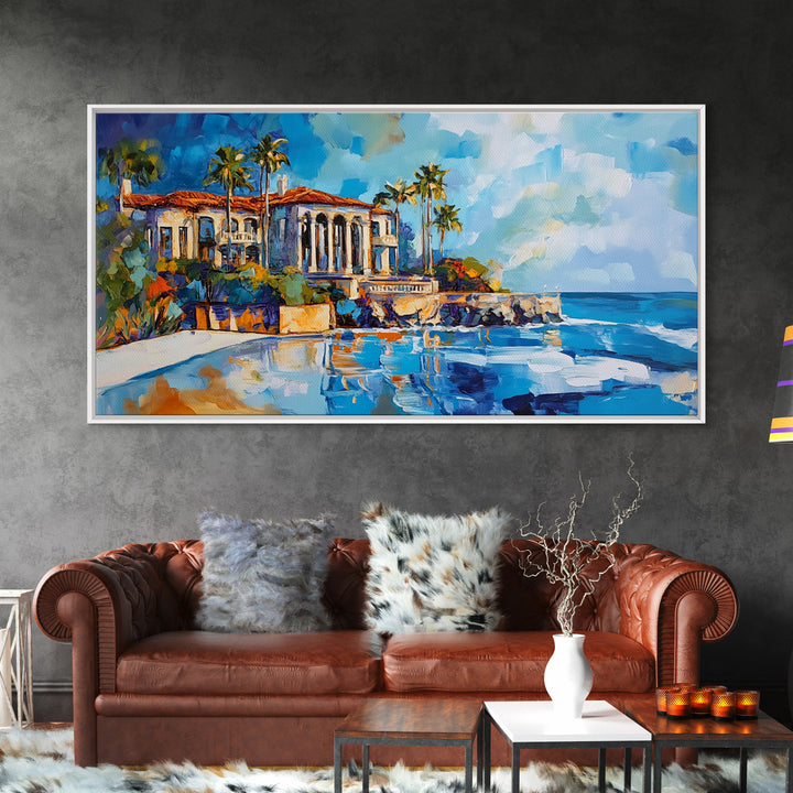 Coastal Mansion, Palm Trees, Panoramic Art, Framed Canvas Print, Coastal Landscape Art, Tropical Decor, Extra Wide Art, Living Room Art