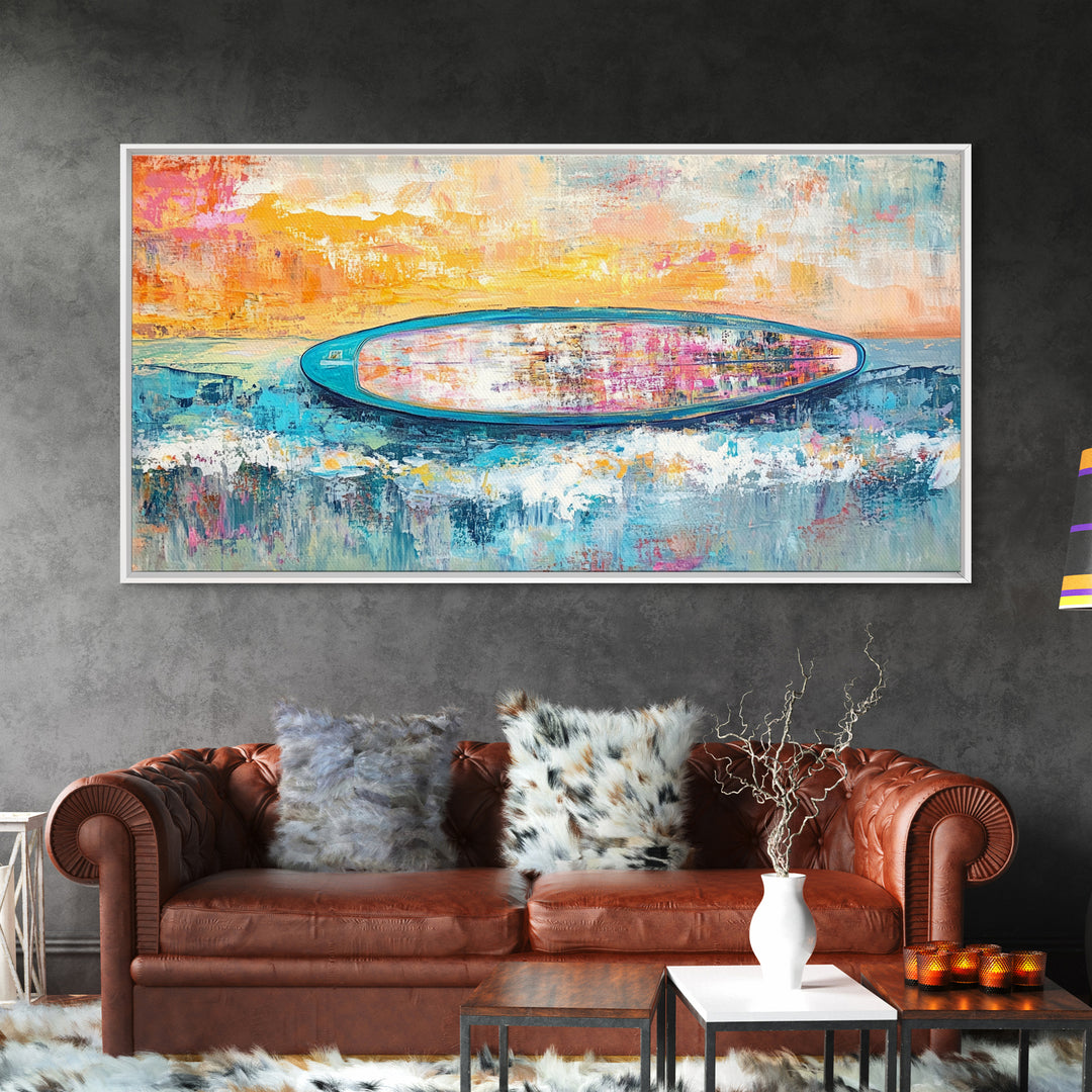 Coastal wall art, surf wall art, framed canvas print, extra wide art, nautical decor, vibrant painting, panoramic art, tropical art