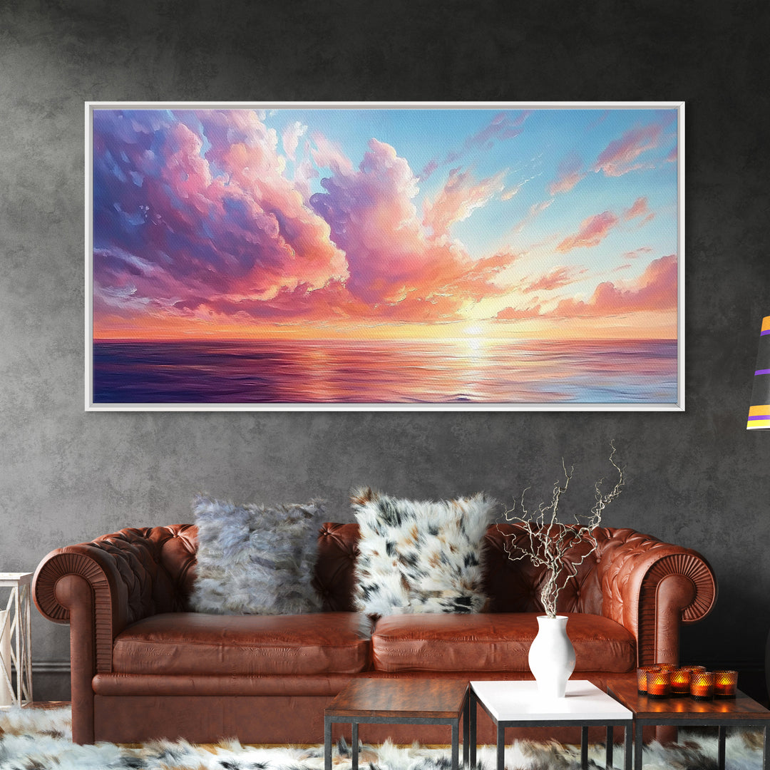 Seascape painting, framed canvas print, extra wide art, sunset painting, panoramic wall art, ocean waves, nautical wall art