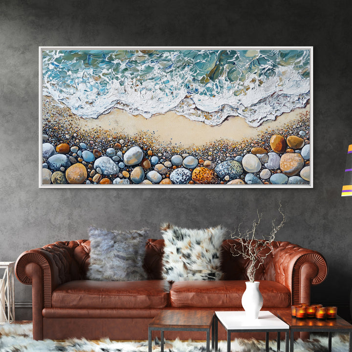 Coastal decor, beach painting, framed canvas print, extra wide art, ocean waves, seascape painting, rustic wall art, nautical wall art