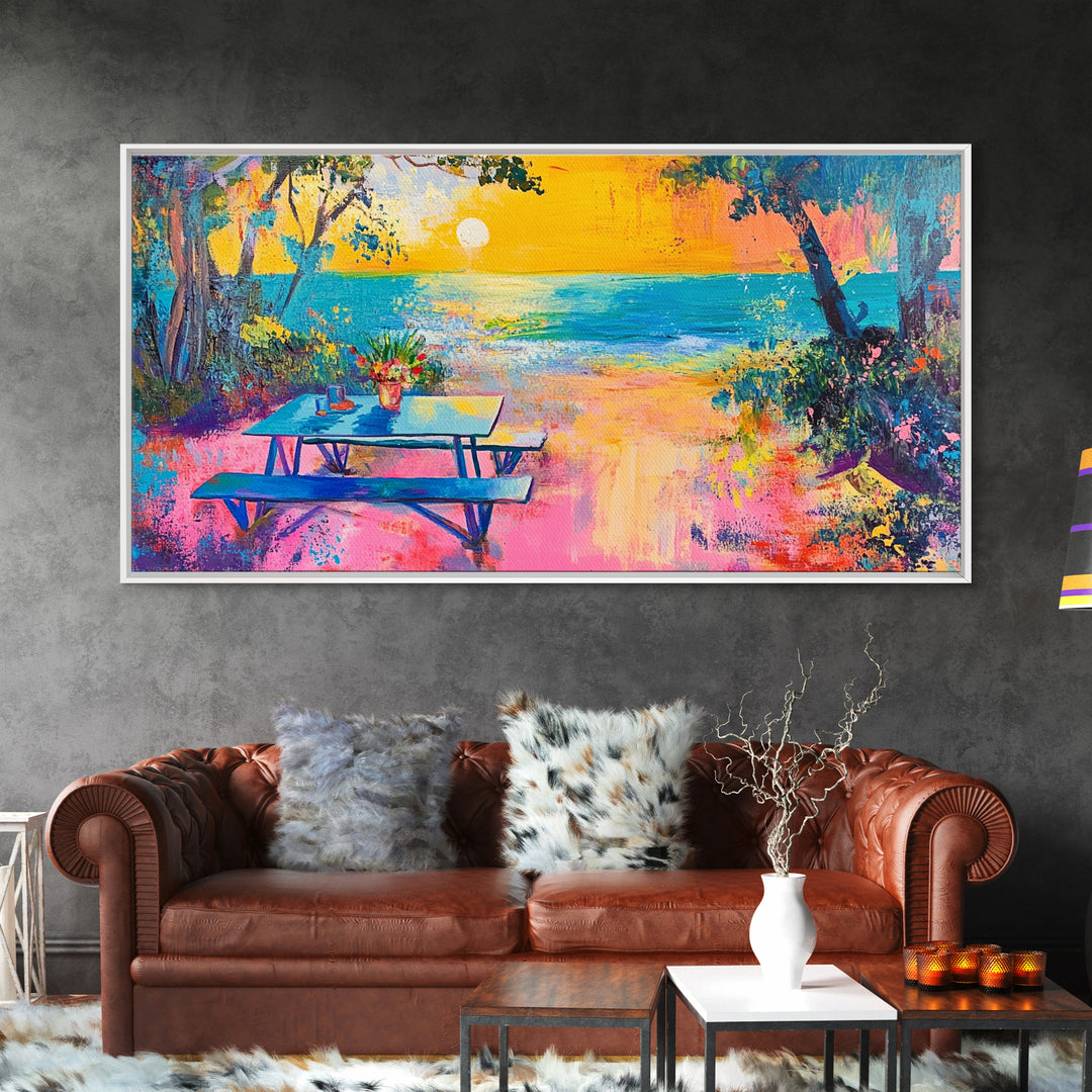 Coastal landscape art, framed canvas print, extra wide art, vibrant sunset painting, tropical beach decor, ocean waves, panoramic art
