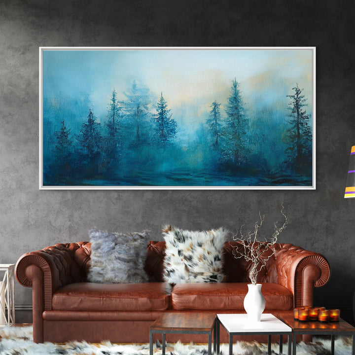 Pine tree art, smoky mountain art, framed canvas print, misty forest painting, rustic wall art, extra wide art, moody landscape