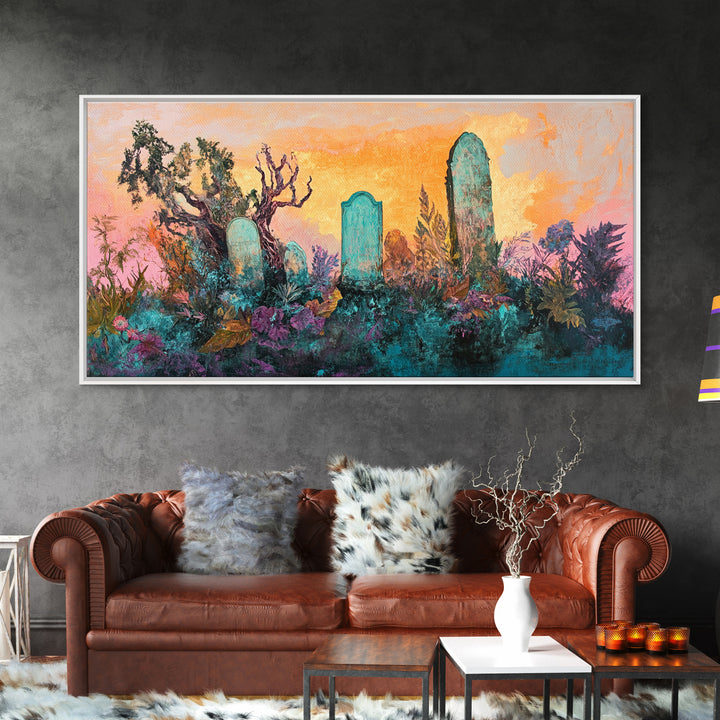 Dark romance painting, gothic art, framed canvas print, extra wide art, Halloween decor, whimsical art, spooky graveyard painting
