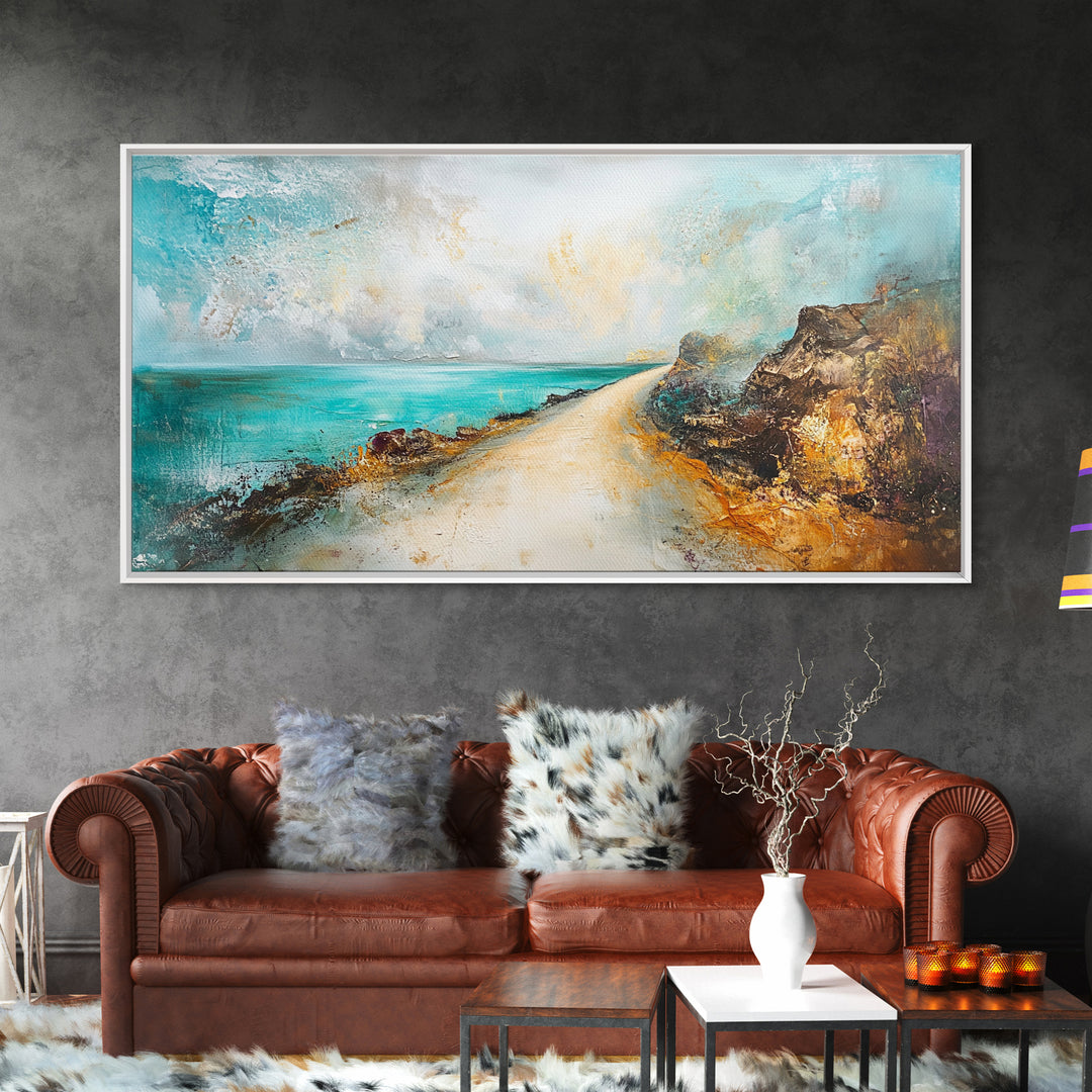 Coastal decor, framed canvas print, extra wide art, nautical wall art, beach road painting, rustic landscape, panoramic art