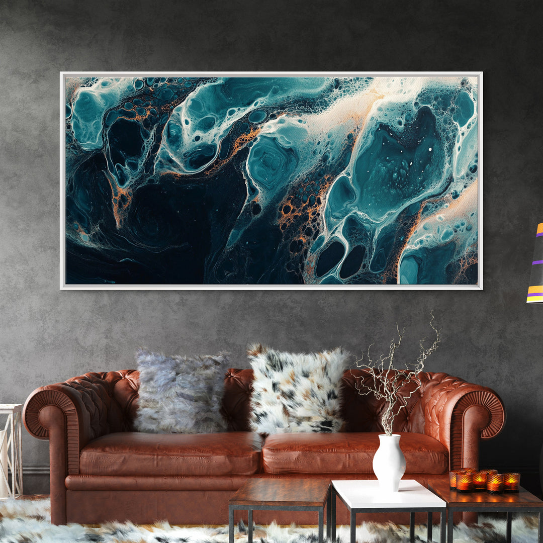 Abstract Fluid Art, moody art, blue and green wall art, wabi sabi art, extra wide art, horizontal wall art, Canvas Print