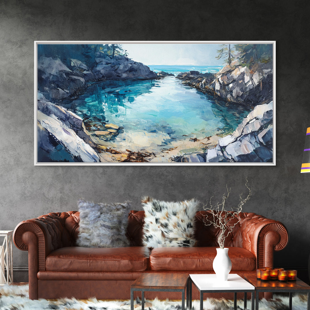 Rocky Coastal Cove, Maine oil painting, nautical decor, seascape painting, extra wide art, above bed wall art, Canvas Print