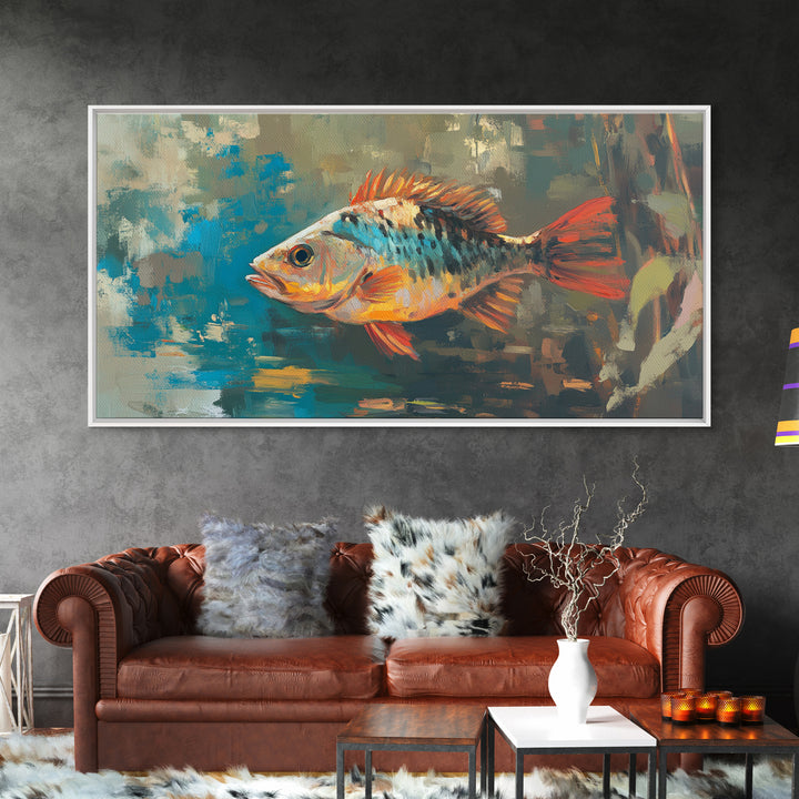 Trout, fish, colorful painting, fisherman painting, rustic wall art, trout art, framed canvas print, extra wide art, gift idea