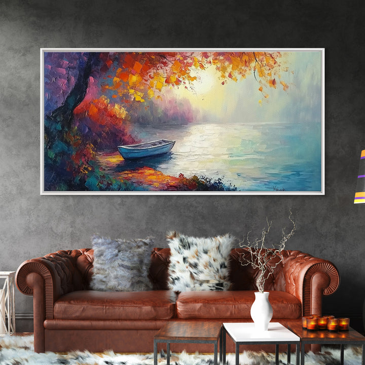 Autumn Lake Scene, landscape painting, fall wall art, framed canvas print, rustic decor, above sofa art, moody art, extra wide art
