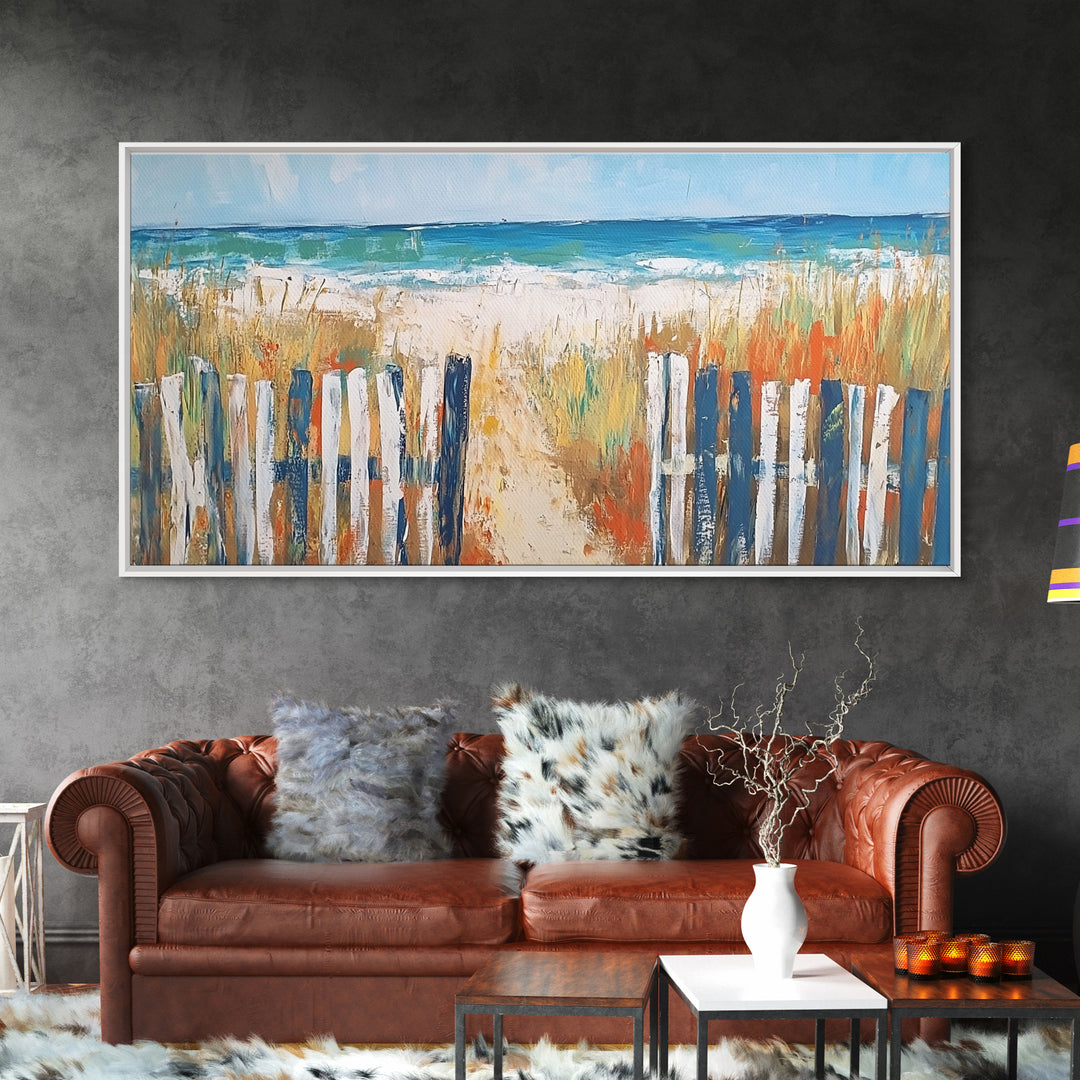 Beach Fence, coastal painting, framed canvas print, nautical decor, seascape painting, blue and green wall art, extra wide art