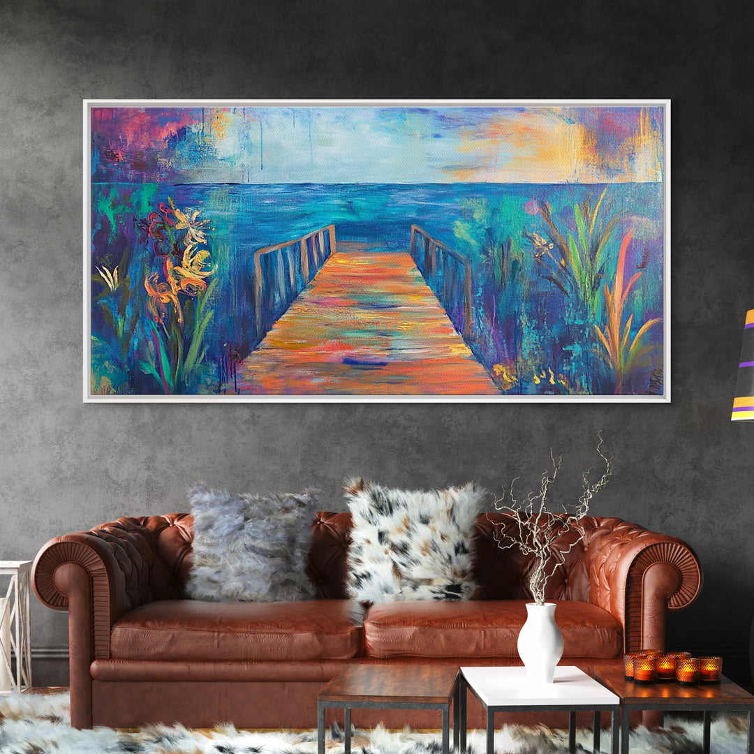 Dock, ocean sunset, coastal painting, coastal landscape art, nautical decor, seascape painting, framed canvas print, above bed wall art