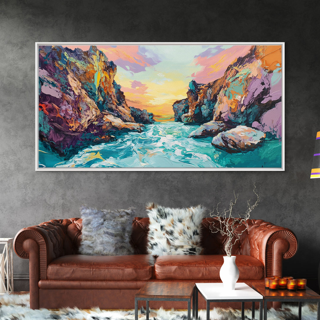 Coastal Canyon Sunset, panoramic painting, extra wide art, framed canvas print, seascape painting, southwest wall art