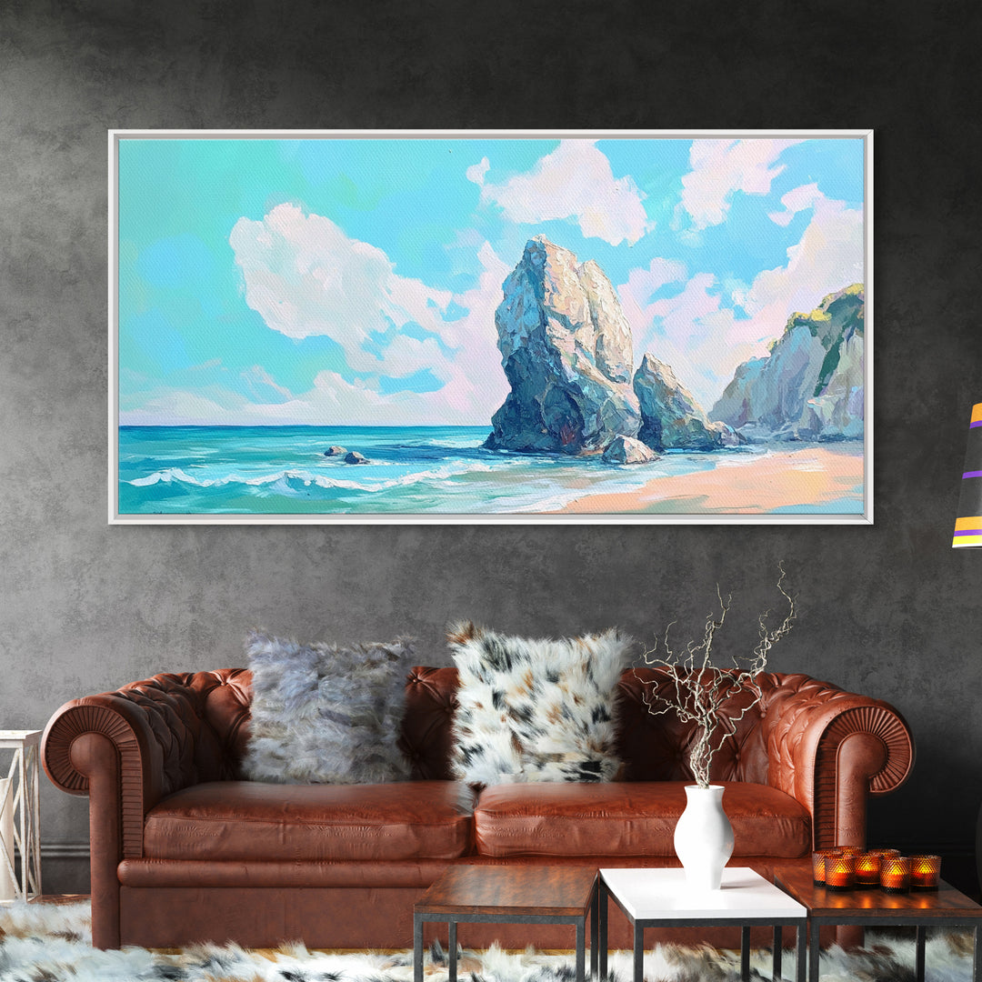 Coastal Rock Formations, beach painting, framed canvas print, coastal wall art, nautical decor, seascape painting, extra wide art