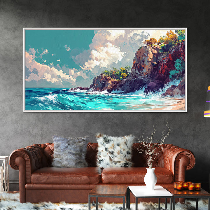 Rocky Cliff Beach, coastal landscape art, framed canvas print, seascape painting, nautical decor, extra wide art, above couch art