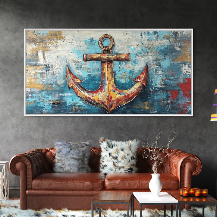 Nautical Anchor, Coastal Decor, Rustic Wall Art, Extra Wide Art, Nautical Wall Art, Horizontal Wall Art, Framed Canvas Print, Living Room Art