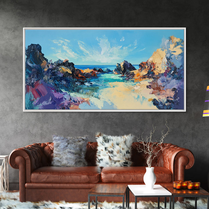 Rocky Seascape Panorama, framed canvas print, extra wide art, seascape painting, above couch art, nautical painting