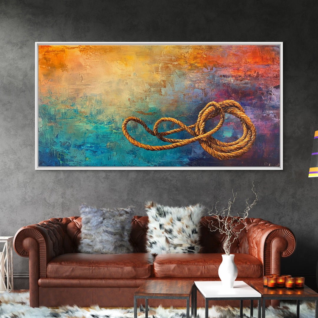 Abstract Rope, warm tones, infinity knot, rustic decor, textured art, extra wide art, Framed Canvas Print, nautical painting