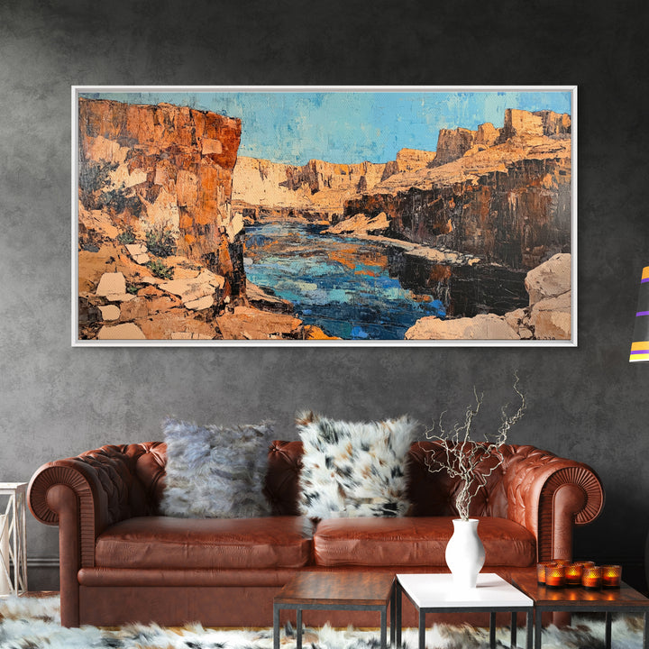 Canyon River, southwest landscape, desert cliffs, textured painting, extra wide art, panoramic art, Framed Canvas Print, rustic decor