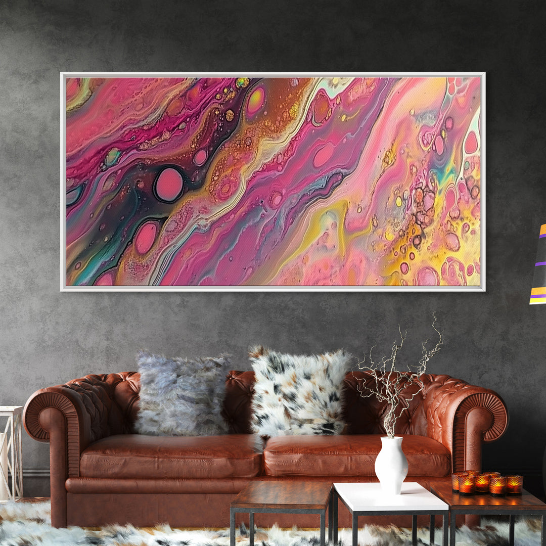 Pink Abstract, fluid art, cosmic energy, modern painting, blotter art, moody wall art, extra wide art, Framed Canvas Print, therapy art