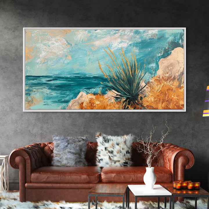 Coastal Desert Painting, agave painting, southwest wall art, Joshua tree art, coastal landscape art, Framed Canvas Print