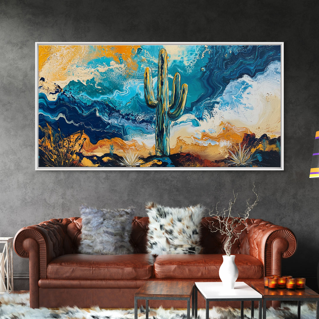 Cactus Desert Art, southwest wall art, Joshua tree art, moody art, rustic decor, extra wide art, panoramic art, Framed Canvas Print