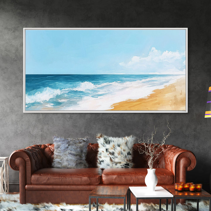 Ocean Beach Painting, seascape painting, coastal wall art, nautical decor, beach house art, panoramic painting, Canvas Print