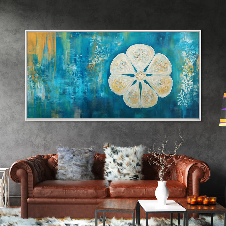 Abstract Floral, Botanical Prints, Coastal Landscape Art, Wabi Sabi Art, Framed Canvas Print, Extra Wide Art, Blue and Gold Wall Art