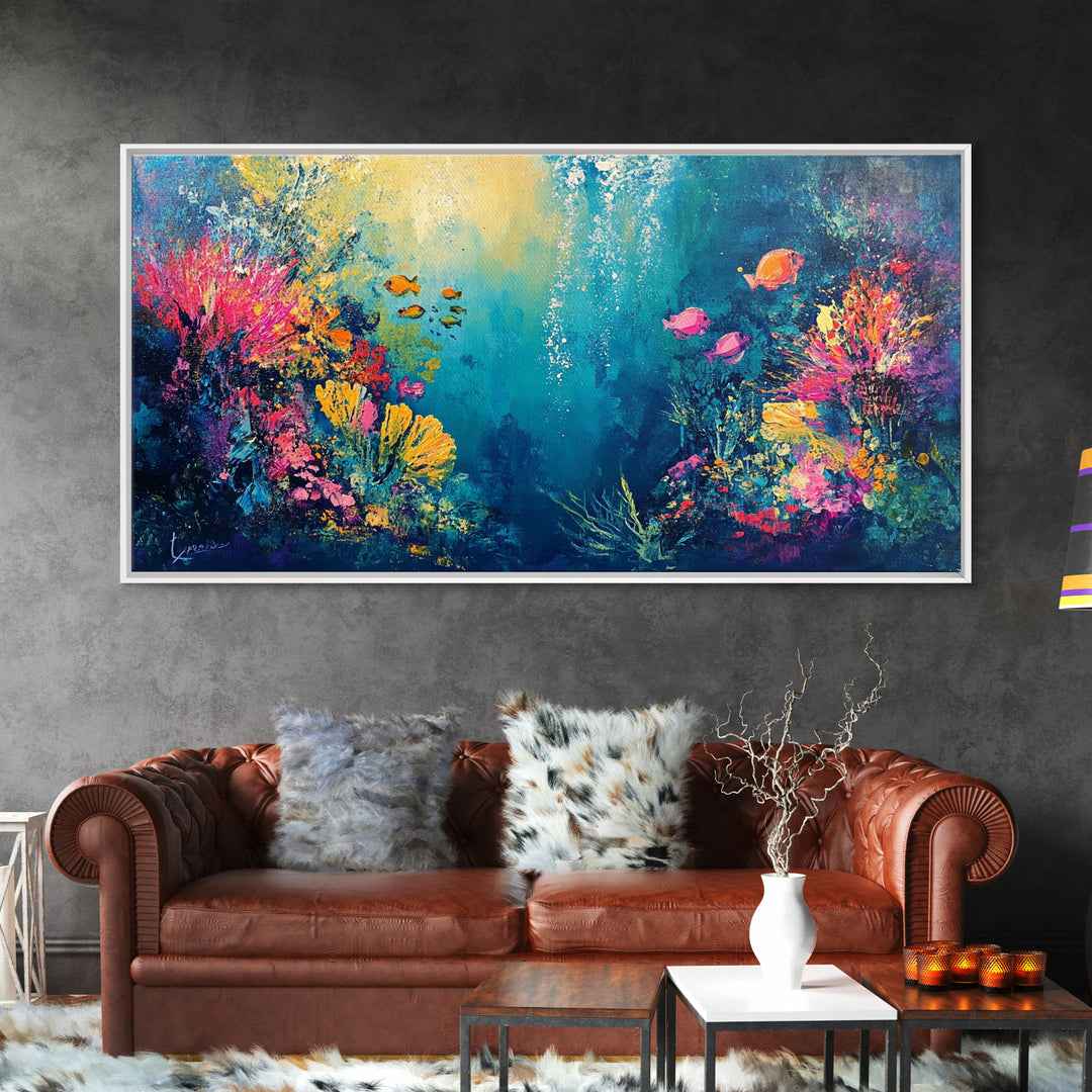Coral Reef Painting, Coastal Decor, Ocean Wall Art, Nautical Painting, Framed Canvas Print, Underwater Artwork, Marine Life Art
