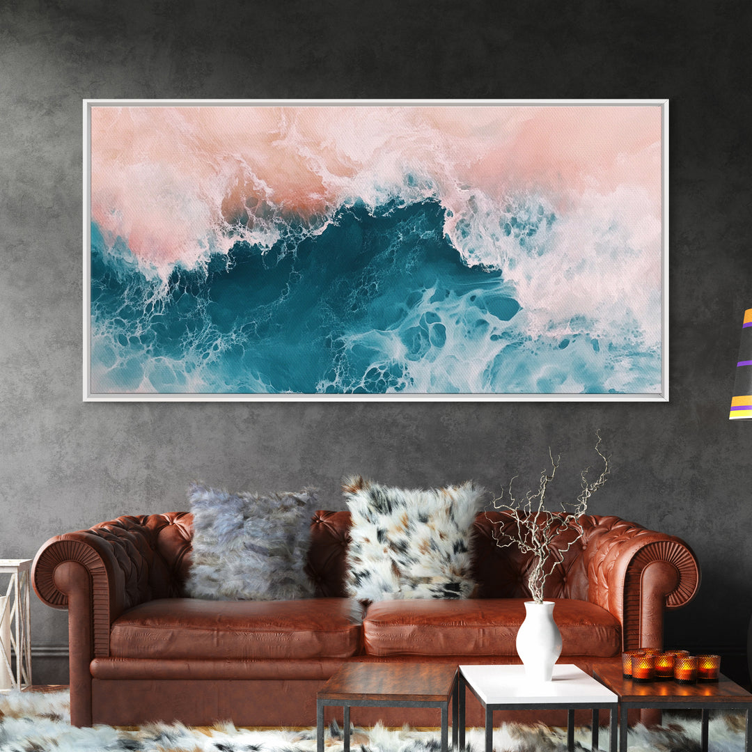 Abstract Ocean, Coastal Landscape Art, Nautical Wall Art, Framed Canvas Print, Teal and Pink Art, Surf Inspired Artwork