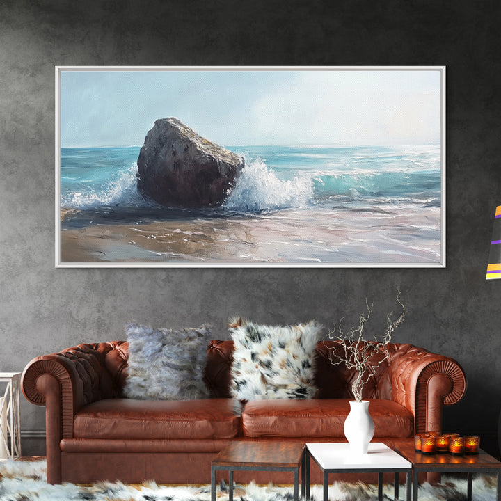 Ocean Rock Painting, seascape painting, coastal decor, nautical wall art, above bed wall art, horizontal art, canvas print