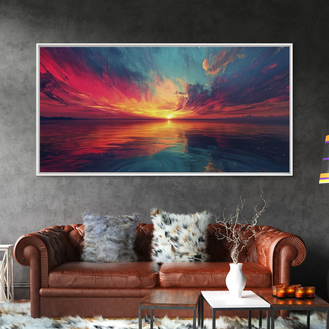 Cosmic Sunset, Dark Romance, Lofi Art, Moody Wall Art, Extra Wide Art, Above Couch Art, Framed Canvas Print, Bedroom Decor