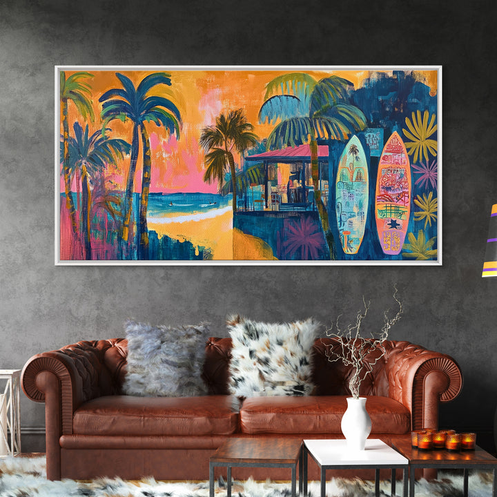 Beach Bar, palm tree painting, surf wall art, coastal decor, nautical wall art, tropical art, above couch art, Canvas Print