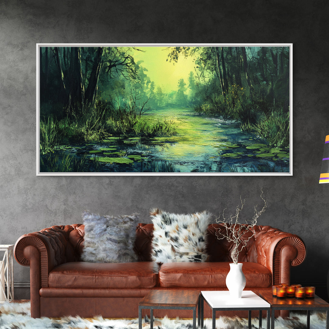 Forest Lagoon, green wall art, nature landscape painting, botanical prints, wabi sabi art, extra wide art, Framed Canvas Print