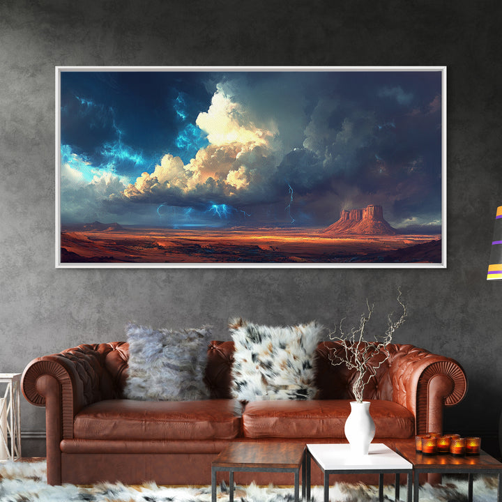 Southwest storm, desert lightning, panoramic art, framed canvas print, mountain painting, extra wide art, dramatic wall art