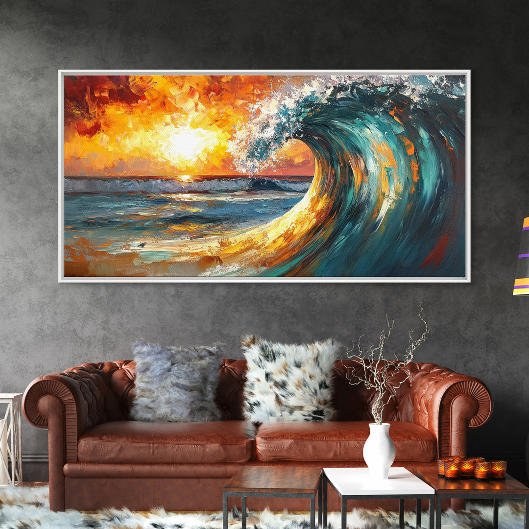Ocean wave, sunset surf, seascape painting, framed canvas print, surf wall art, nautical painting, coastal decor