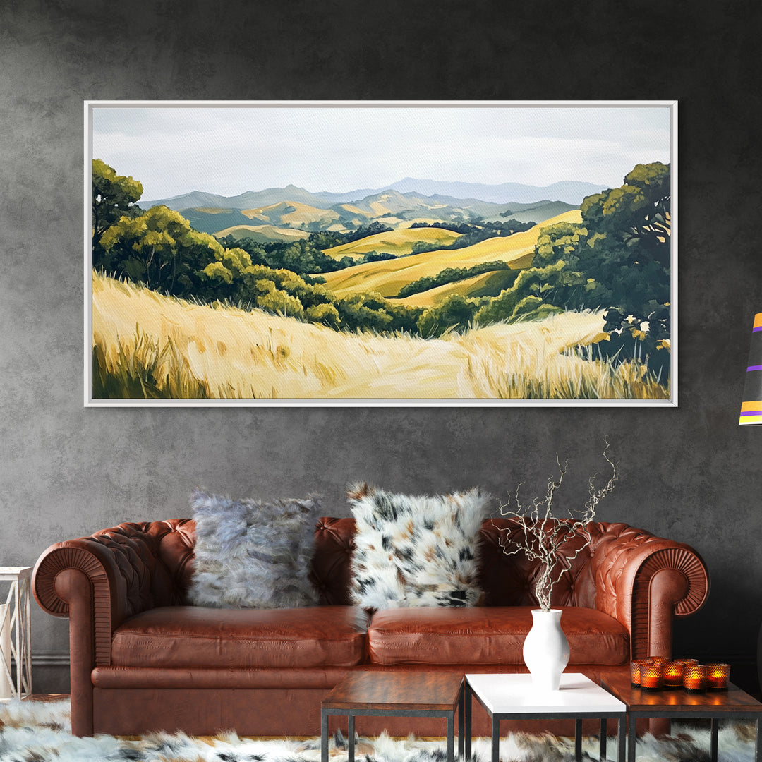 Rolling hills, countryside landscape, panoramic art, framed canvas print, rustic wall art, farmhouse art, sage green wall art