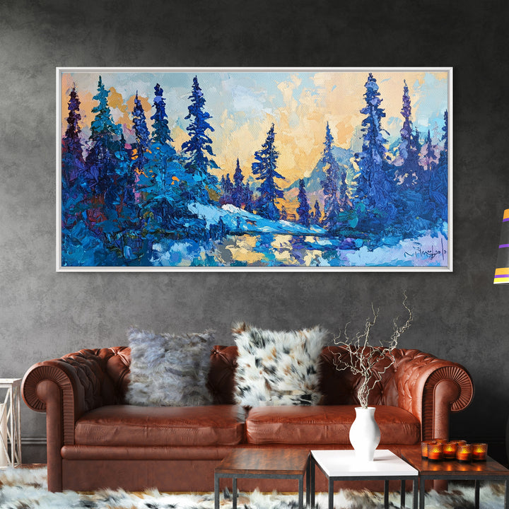 Pine trees, winter landscape, moody forest, framed canvas print, pine tree art, smoky mountain art, rustic wall art
